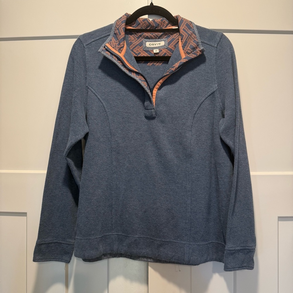 Orvis Blue Pullover With Patterned Collar 100% Co… - image 1